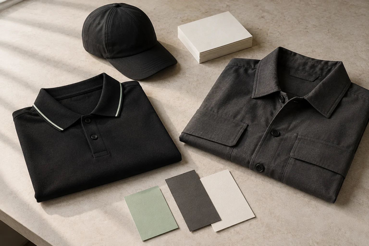 Concept flatlay showing coordinated dark apparel and brand stationery