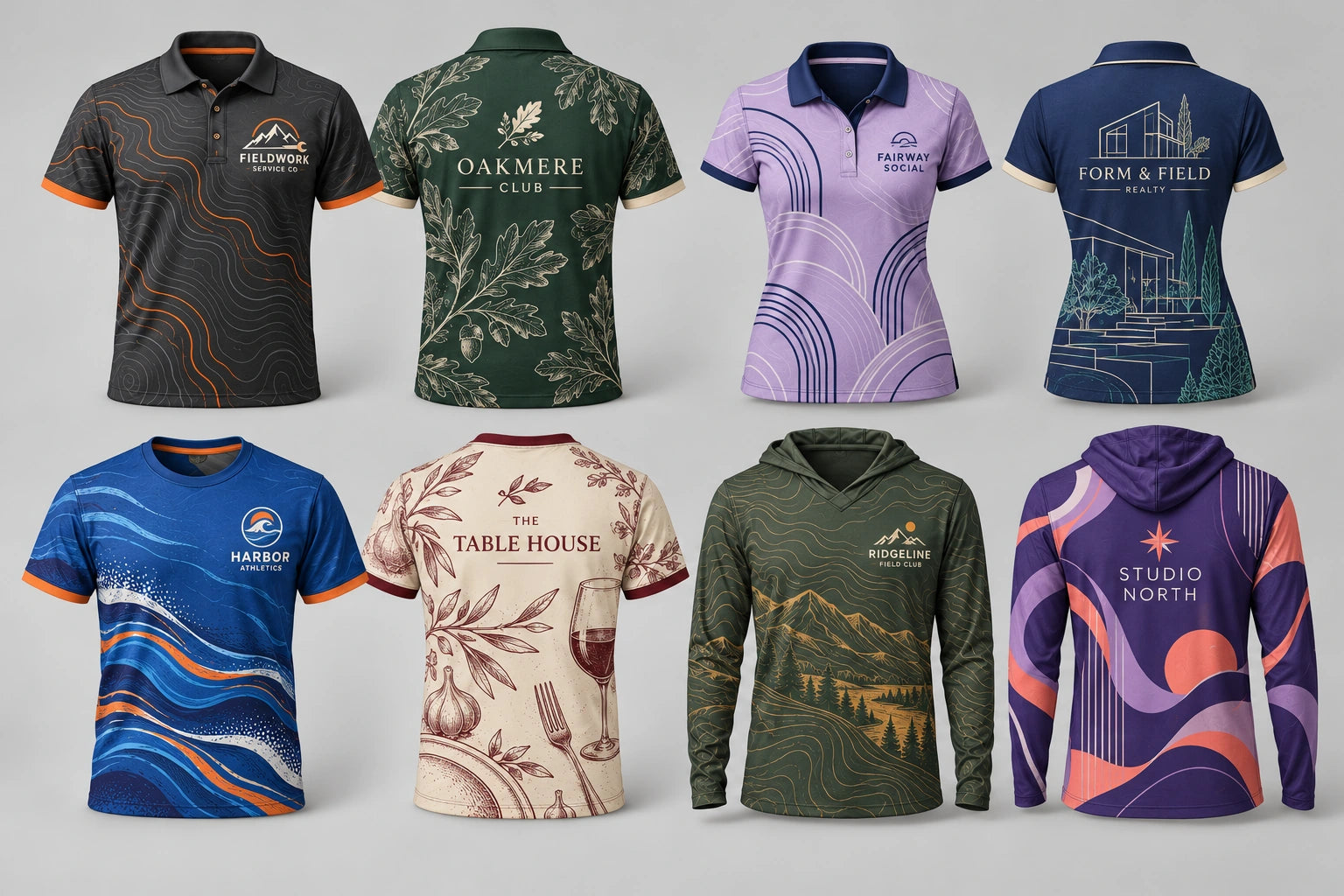 Eight different fictional apparel concepts, each with its own business identity, artwork, and color palette