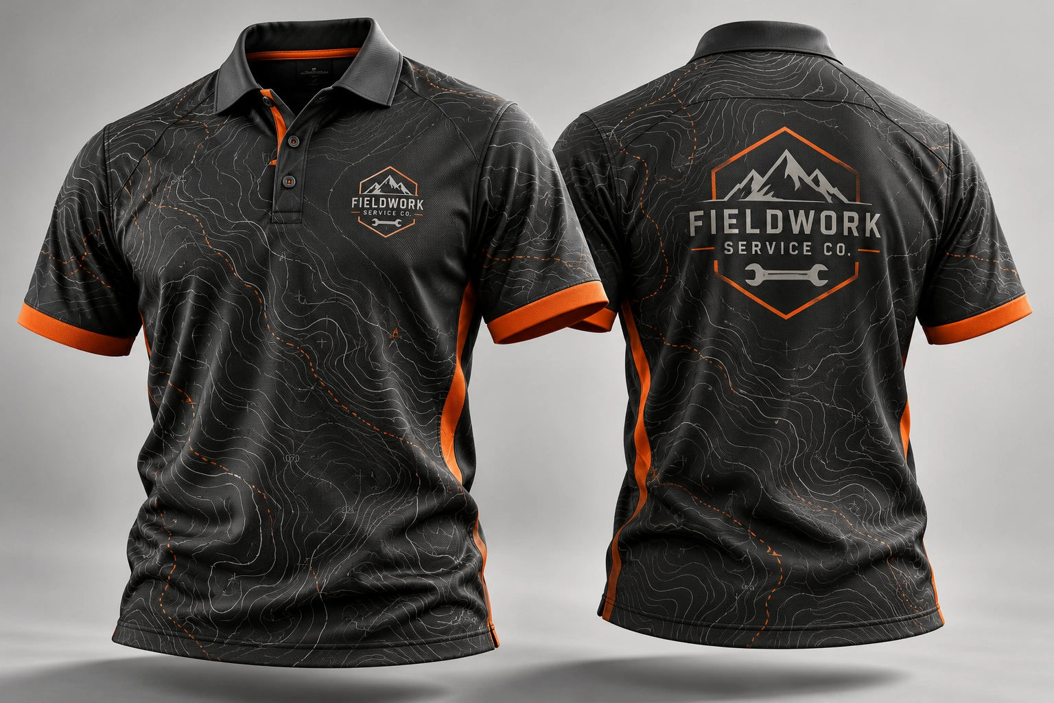Fictional Fieldwork Service Co. polo concept, showing coordinated front and back artwork in charcoal and orange
