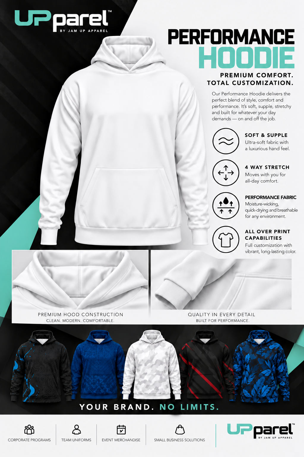 Performance hoodie product reference showing hood, cuffs, and pocket details