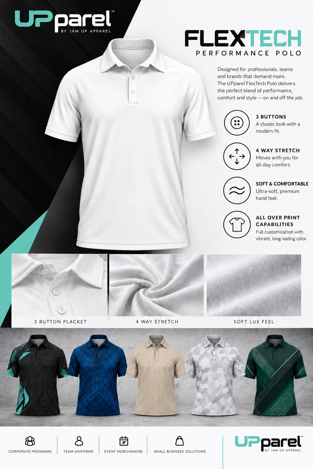 FlexTech polo product reference with three-button placket